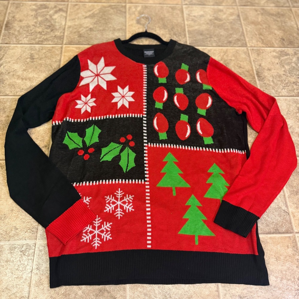 Bioworld Mens 2XLT Ugly Christmas Sweater Patchwork Holiday Lights Trees Red